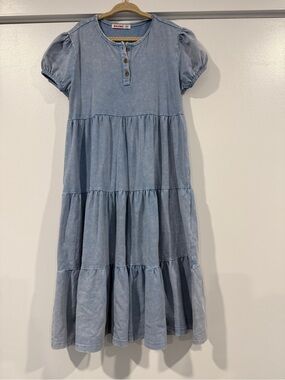 Girls stretchy maxi dress with short sleeves looks like denim